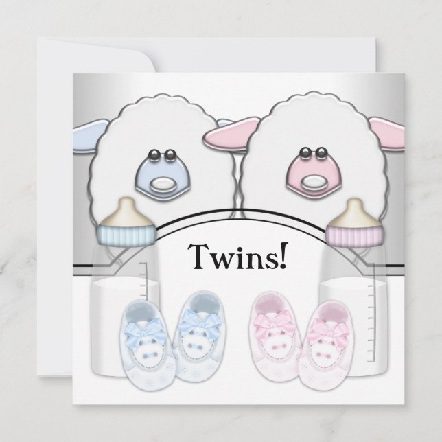 Adorable Pink und Blue Sheep Twin Baby Dusche Einladung (Vorderseite)