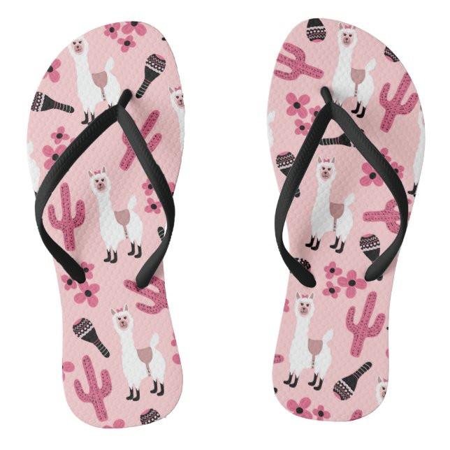 Adorable Pink White Llama Maraca Cactus Floral Flip Flops (Fußbett)