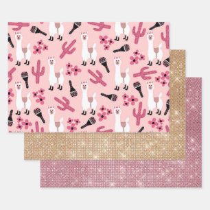 Adorable Pink White Llama Maraca Cactus Floral Geschenkpapier Set