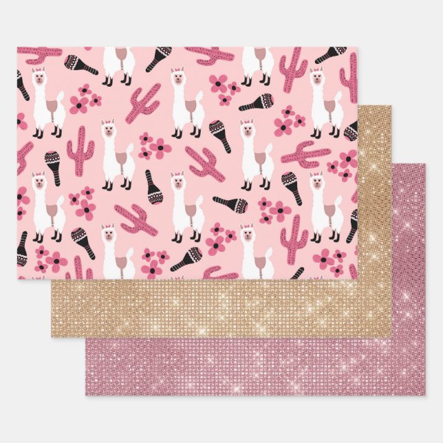 Adorable Pink White Llama Maraca Cactus Floral Geschenkpapier Set (Set)