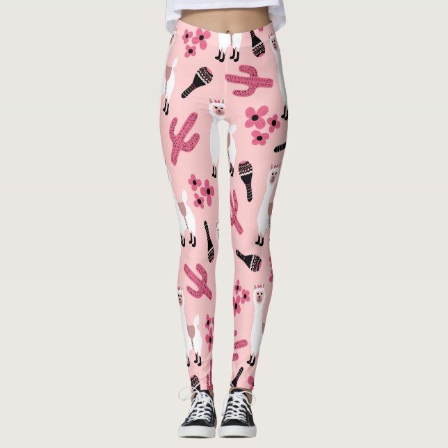 Adorable Pink White Llama Maraca Cactus Floral Leggings (Vorderseite)