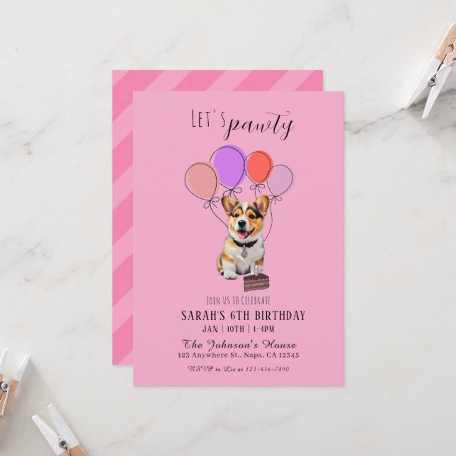 Adorable Playful Pink Corgi Birthday Customizable Einladung (Vorderseite/Rückseite Beispiel)
