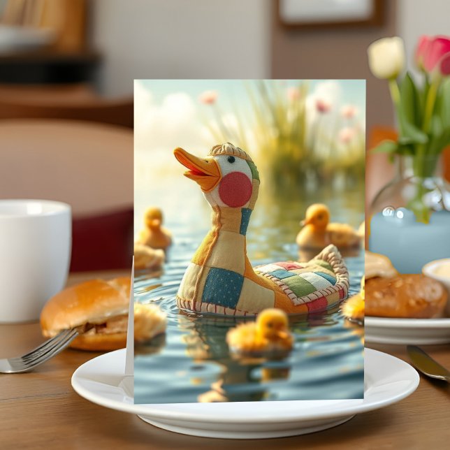 Adorable Plush Toy Duck Junge Mutter Sweet Mother  Karte (Heartwarming Mother's Day card featuring a plushie mama duck paddling joyfully among real ducklings.)