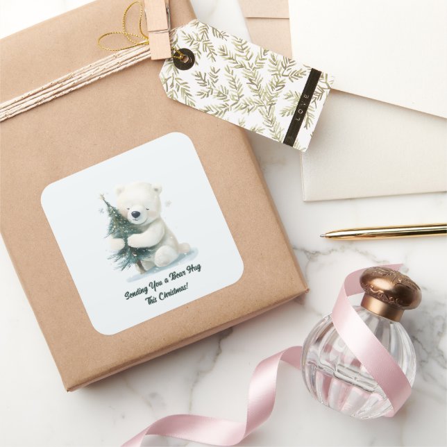Adorable Polar Bär umarmt Weihnachtsbaum, Niedlich Quadratischer Aufkleber (Schenken)