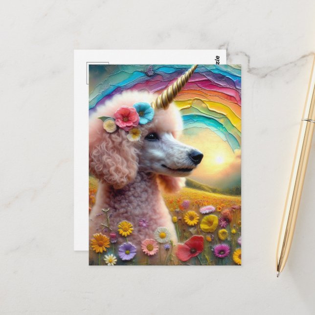 Adorable Poodle Unicorn in Wildblumen Postkarte (Vorderseite/Rückseite Beispiel)