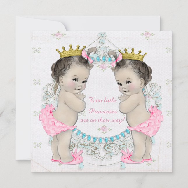 Adorable Princess Twin Baby Dusche Einladung (Vorderseite)
