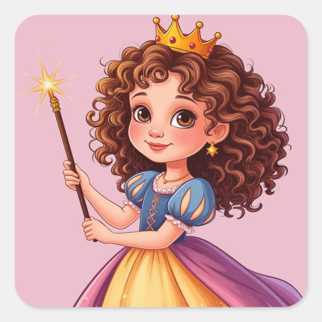 Adorable Prinzessin Holding Magic Wand Quadratischer Aufkleber (Vorderseite)