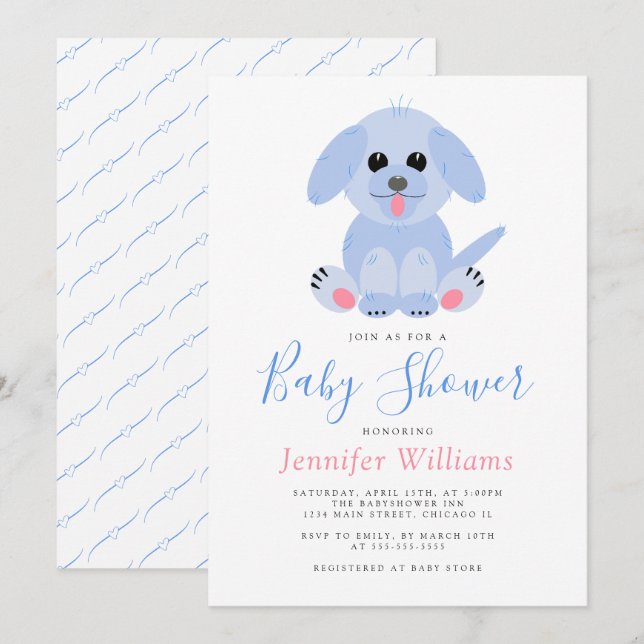 Adorable Puppy Blue Personalisiert Baby Boy Dusche Einladung (Vorne/Hinten)