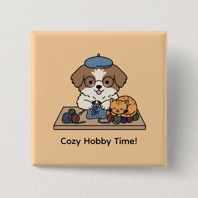 Adorable Puppy Knitting with Friend Hobby Art Pin Button (Vorderseite)