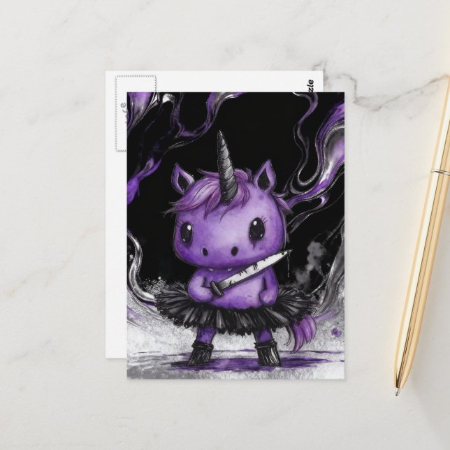 Adorable Purple Unicorn in Tutu With Knife Postkarte (Vorderseite/Rückseite Beispiel)