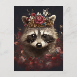 Adorable Raccoon in einer Krone mit Blume Postkarte