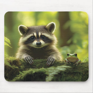 Adorable Raccoon und Frosch pinkeln über Mossy Log Mousepad