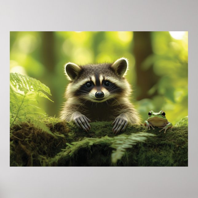 Adorable Raccoon und Frosch pinkeln über Mossy Log Poster (Vorne)