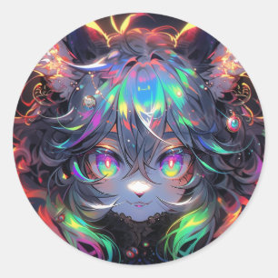 Adorable Rainbow Catgirl Furry Anime Runder Aufkleber