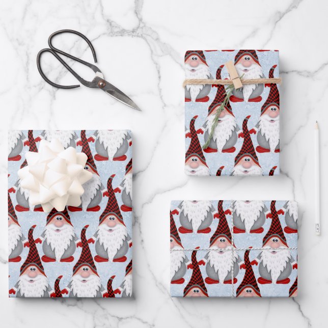 Adorable Red Black Gray Gnome Xmas Weihnachtskids Geschenkpapier Set (Vorderseite)
