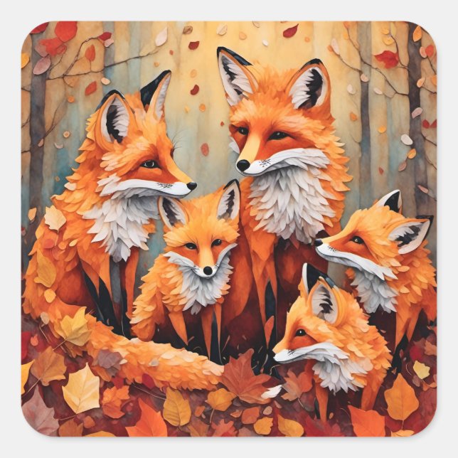 Adorable Red Fox Familie im Herbst Quadratischer Aufkleber (Vorderseite)