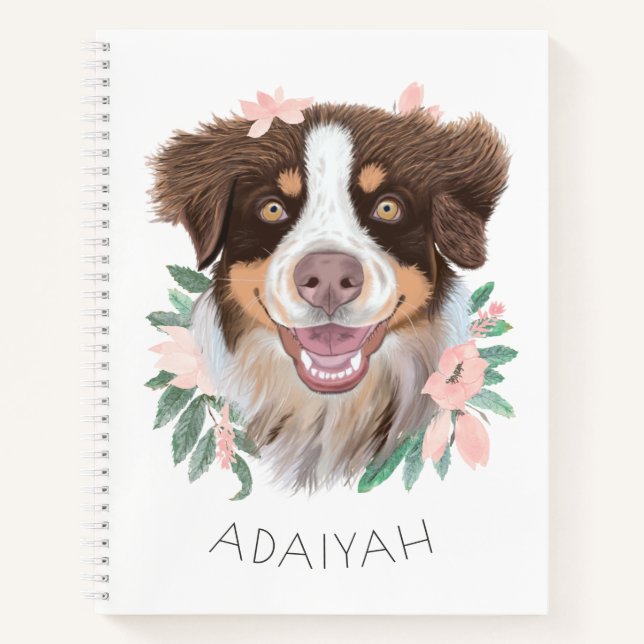 Adorable Red Tri Aussie mit Blume Personalisiert Notizbuch (Vorderseite)