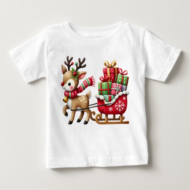 Adorable Reindeer and Sleigh Christmas Design Baby T-shirt (Vorderseite)