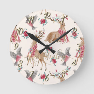 Adorable Reindeers,Birds,Flowers   Runde Wanduhr