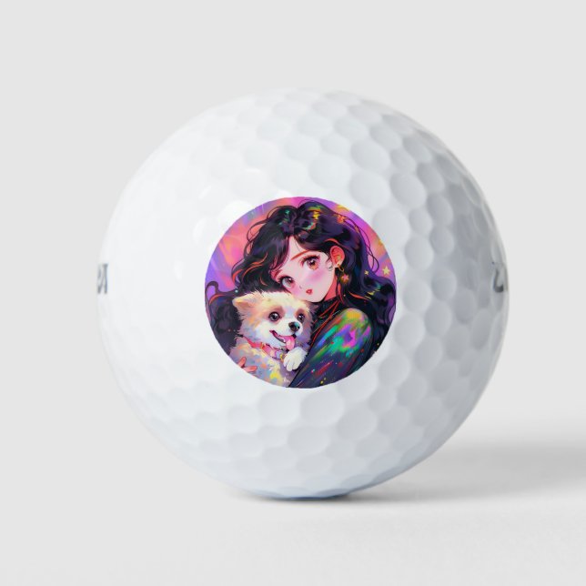 Adorable Retro Anime Girl & Ihr Hund Golfball (Vorderseite)