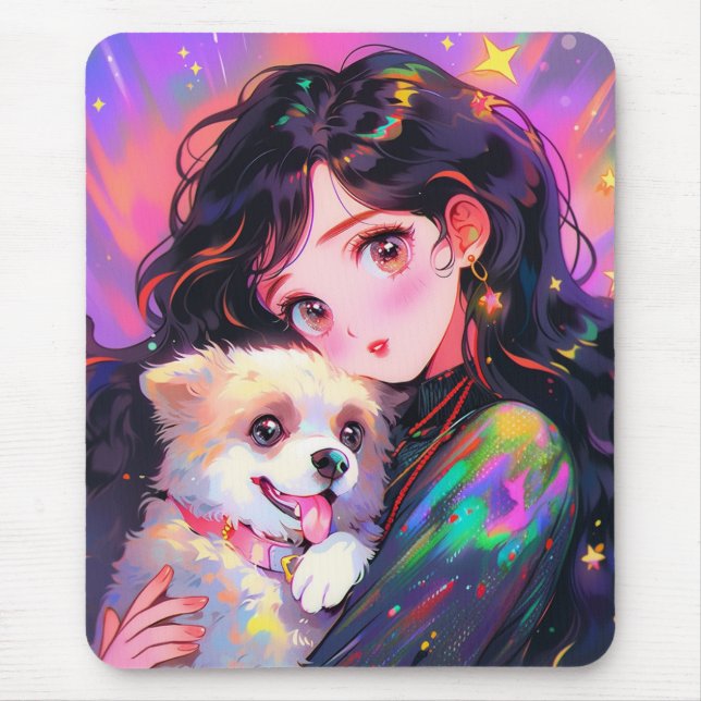 Adorable Retro Anime Girl & Ihr Hund Mousepad (Vorne)