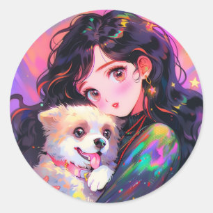 Adorable Retro Anime Girl & Ihr Hund Runder Aufkleber