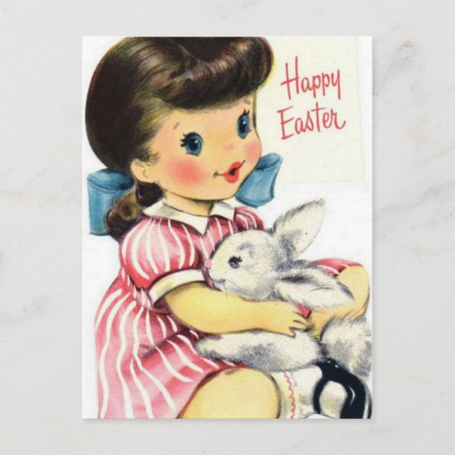 Adorable Retro Happy OsterGirl und Bunny Postkarte (Vorderseite)