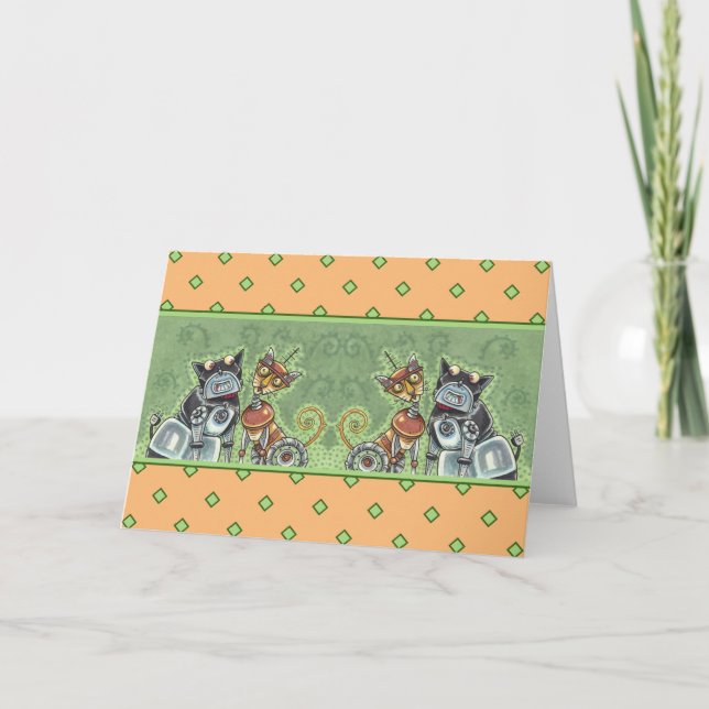 ADORABLE ROBOT BULLDOG & FELINE FRIEND Funny Blank Karte (Vorderseite)