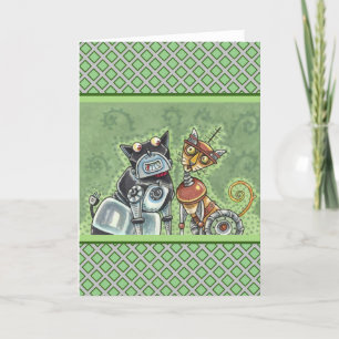 ADORABLE ROBOT BULLDOG & FELINE FRIEND Funny Blank Karte