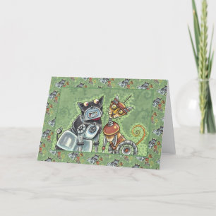 ADORABLE ROBOT BULLDOG & FELINE FRIEND Funny Blank Karte
