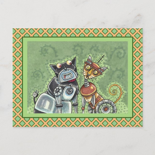 ADORABLE ROBOT BULLDOG & FELINE FRIEND Funny Blank Postkarte (Vorderseite)