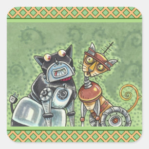 ADORABLE ROBOT BULLDOG & FELINE FRIEND Funny Funny Quadratischer Aufkleber
