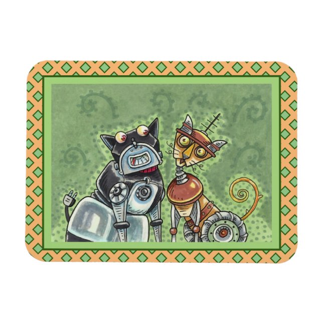 ADORABLE ROBOT BULLDOG UND FELINE FRIEND Funny Fun Magnet (Horizontal)