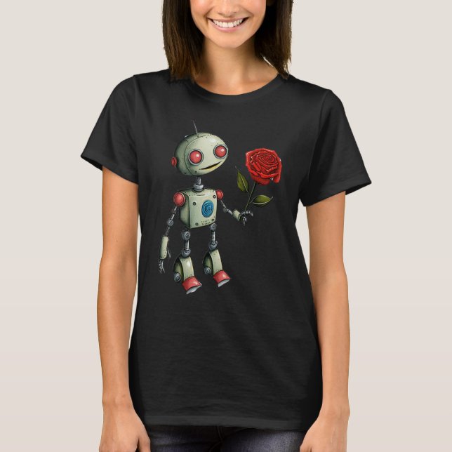 Adorable Robot-Übergabe einer Rose-Blume T-Shirt (Vorderseite)