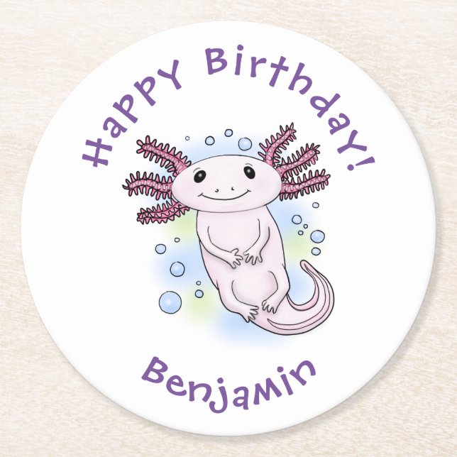 Adorable rosa axolotale Cartoon Runder Pappuntersetzer (Vorderseite)