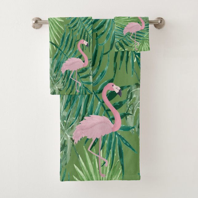 Adorable rosa Flamingo, Palm-Blätter Badhandtuch Set (Insitu)