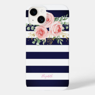 Adorable rosa Roses Navy Blue Stripes Case-Mate iPhone 14 Hülle
