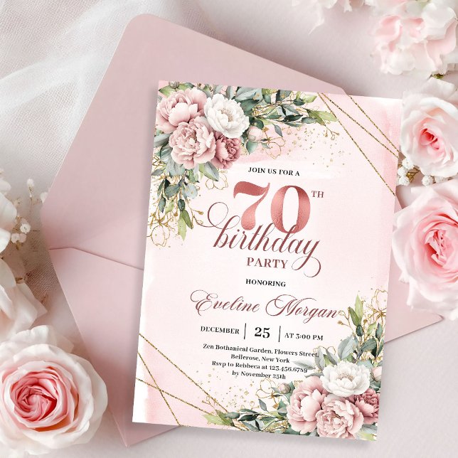 Adorable Rose Gold Eucalyptus Floral 70th Birthday Einladung (Adorable Rose Gold Eucalyptus Floral 70th Birthday Invitation)