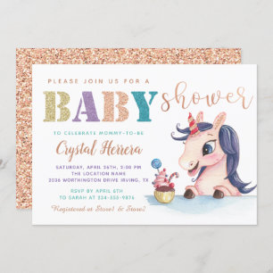 Adorable Rose Gold Glitzer Unicorn Kinderdusche Einladung