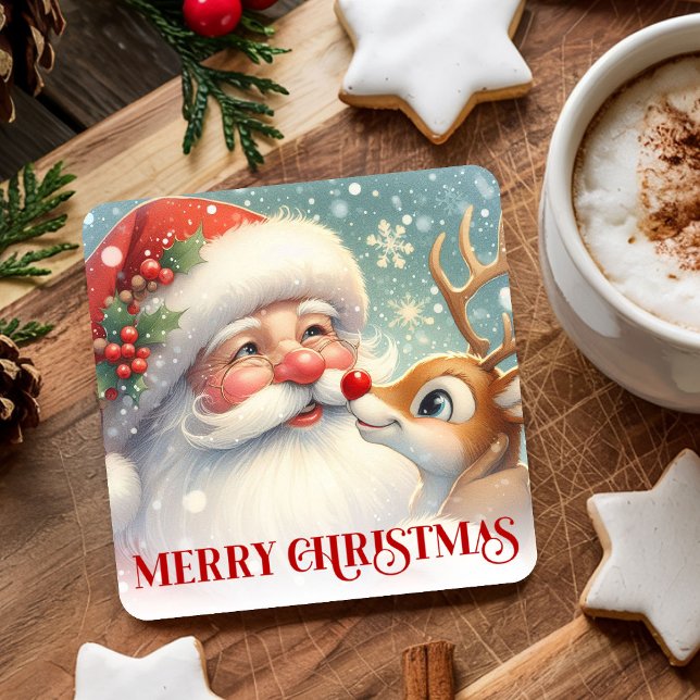 Adorable Santa and Rudolph Christmas Paper Coaster Rechteckiger Pappuntersetzer (Adorable Santa and Rudolph Christmas Paper Coasters)