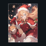 Adorable Santa Anime Girl and Christmas Shiba Dog Feiertagspostkarte<br><div class="desc">Digitale Kunst eines bezaubernden Anime-Mädchens in Santa Claus wie Kleidung. Sie hat eine lange rote, spitze Weihnachtsweihnachtsweih-Weihnachtsmannmütze, ein niedliches rotes Kleid mit einem Gürtel, einen Weihnachtsschal mit weißem Flügel, niedliche Rot-Grün-Bögen und Bänder und eine Glocke. Ihr shiba inu Hund läuft neben ihr. An der Weihnachtsnachtsnacht im Winter gibt es schöne...</div>