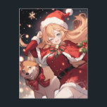 Adorable Santa Anime Girl and Christmas Shiba Dog Feiertagspostkarte<br><div class="desc">Digitale Kunst eines bezaubernden Anime-Mädchens in Santa Claus wie Kleidung. Sie hat eine lange rote, spitze Weihnachtsweihnachtsweih-Weihnachtsmannmütze, ein niedliches rotes Kleid mit einem Gürtel, einen Weihnachtsschal mit weißem Flügel, niedliche Rot-Grün-Bögen und Bänder und eine Glocke. Ihr shiba inu Hund läuft neben ihr. An der Weihnachtsnachtsnacht im Winter gibt es schöne...</div>