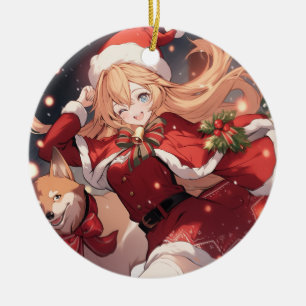 Adorable Santa Anime Girl and Christmas Shiba Dog Keramik Ornament