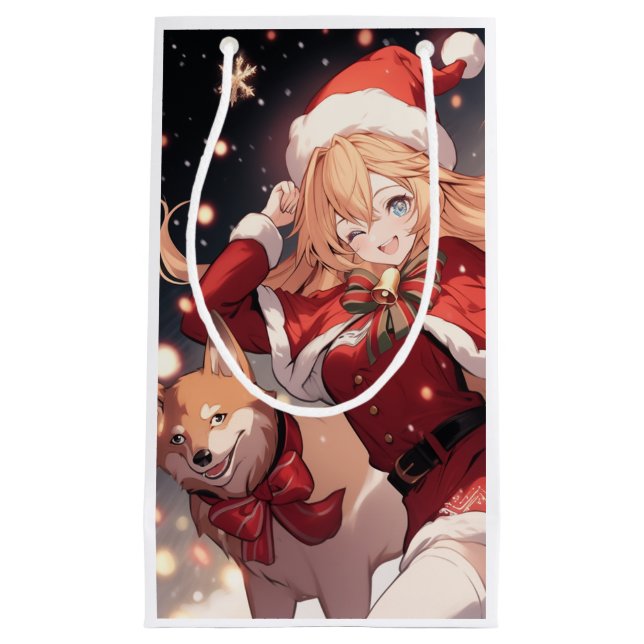 Adorable Santa Anime Girl and Christmas Shiba Dog Kleine Geschenktüte (Vorderseite)