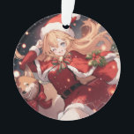 Adorable Santa Anime Girl and Christmas Shiba Dog Ornament<br><div class="desc">Digitale Kunst eines bezaubernden Anime-Mädchens in Santa Claus wie Kleidung. Sie hat eine lange rote, spitze Weihnachtsweihnachtsweih-Weihnachtsmannmütze, ein niedliches rotes Kleid mit einem Gürtel, einen Weihnachtsschal mit weißem Flügel, niedliche Rot-Grün-Bögen und Bänder und eine Glocke. Ihr shiba inu Hund läuft neben ihr. An der Weihnachtsnachtsnacht im Winter gibt es schöne...</div>