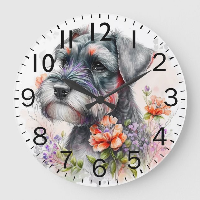 Adorable Schnauzer Puppy Dog Große Wanduhr (Vorderseite)