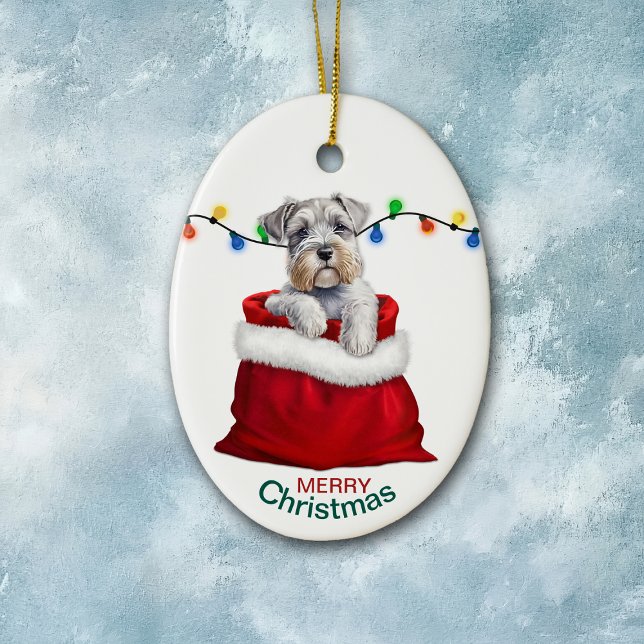 Adorable Schnauzer Terrier Dog in Holiday Gift Bag Keramik Ornament (Von Creator hochgeladen)