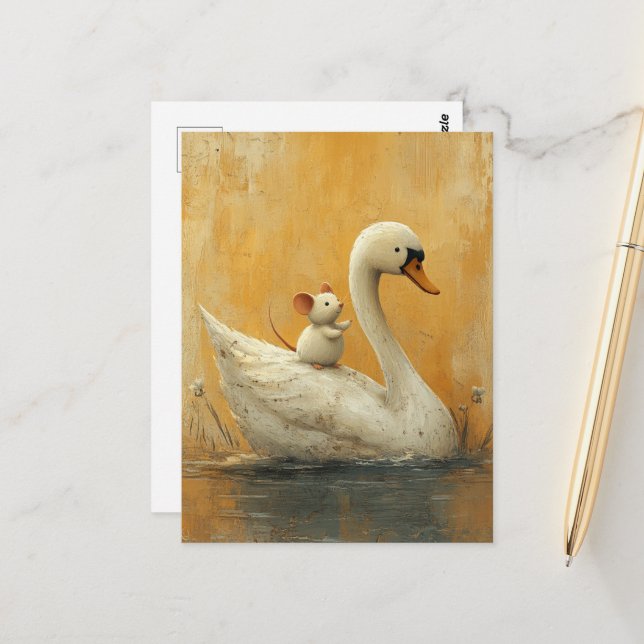 Adorable Schwan und Maus Freunde Postkarte (Vorderseite/Rückseite Beispiel)