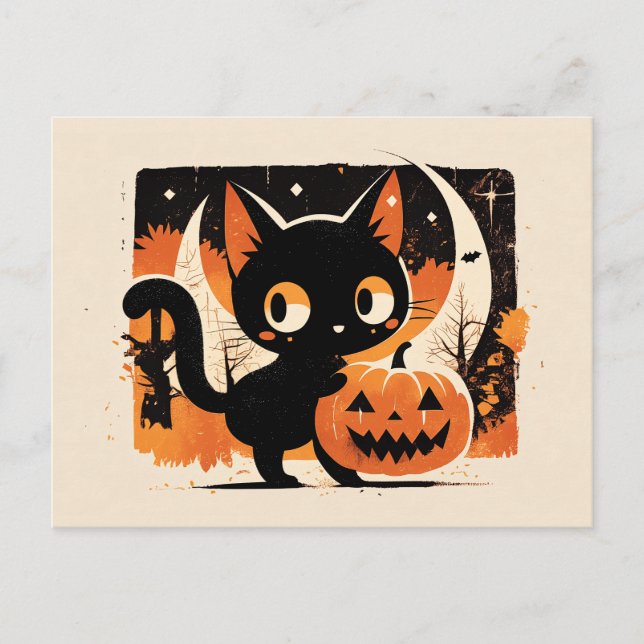 Adorable Schwarze Katze mit Jack-o’-Laterne Postkarte (Vorderseite)