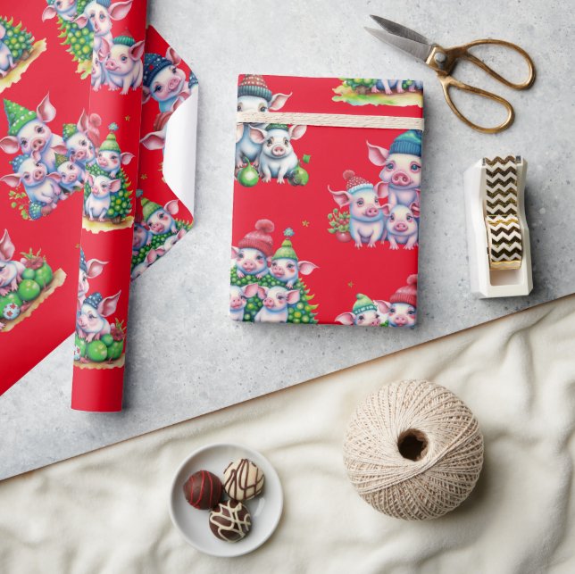 Adorable Schweine auf Red Christmas Gift Wrap Geschenkpapier (Kunsthandwerk)